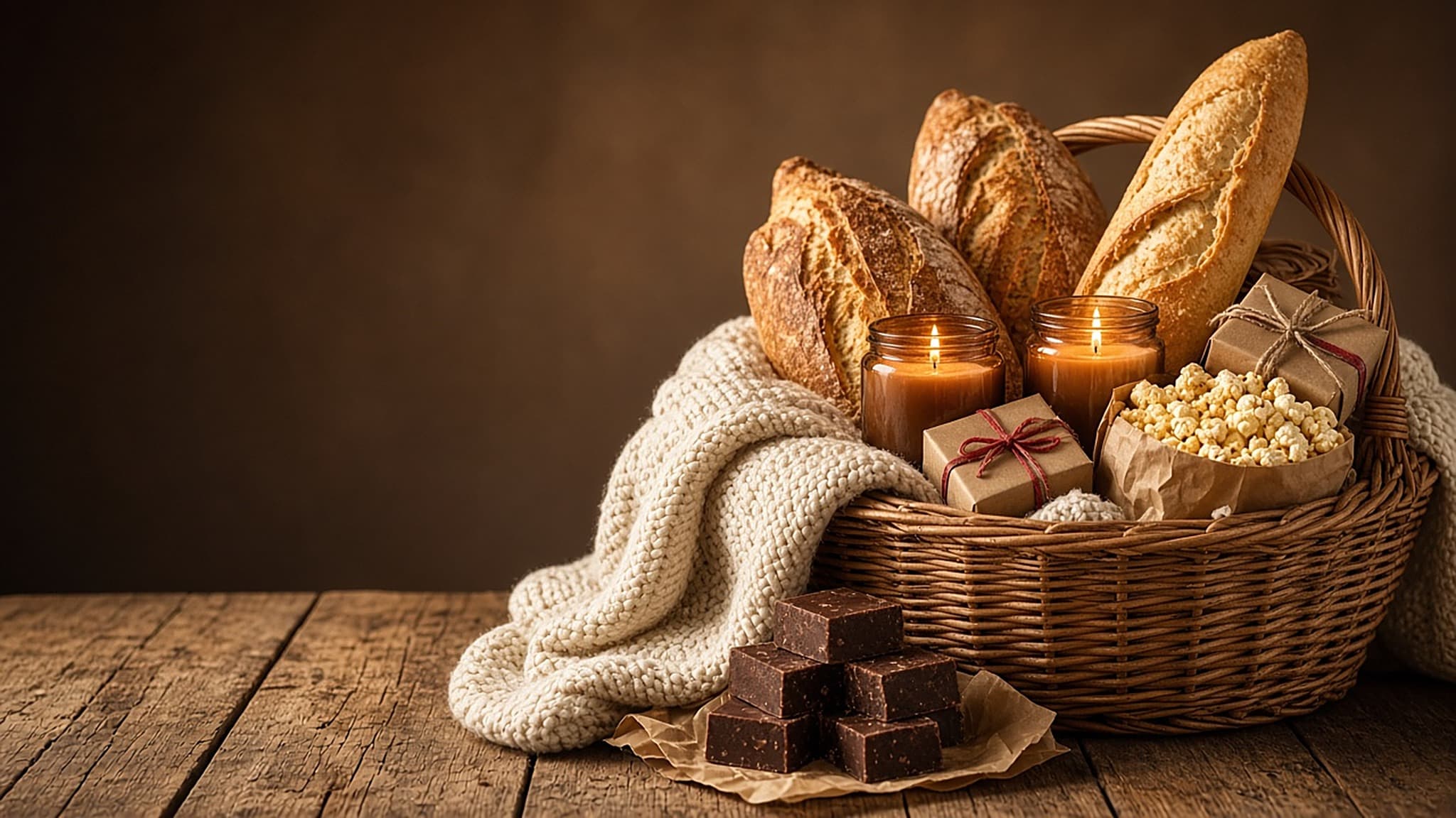 Wicker basket overflowing with fresh loaves, a knit blanket, lit candles, popcorn, wrapped gifts, and fudge in warm light